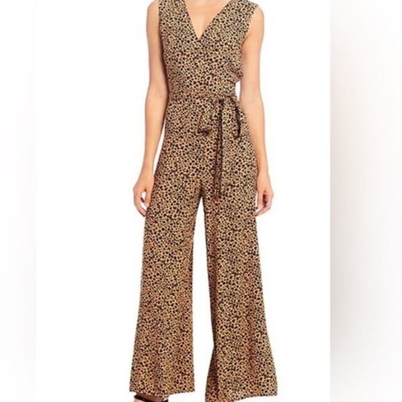 Skies Are Blue Pants - Skies Are Blue Leopard Print Sleeveless Wide Leg Jumpsuit Size M Medium Brown
